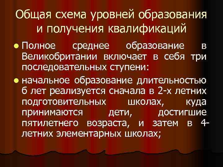 Общая схема уровней образования и получения квалификаций l Полное среднее образование в Великобритании включает