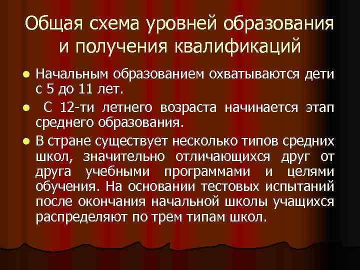 Общая схема уровней образования и получения квалификаций Начальным образованием охватываются дети с 5 до