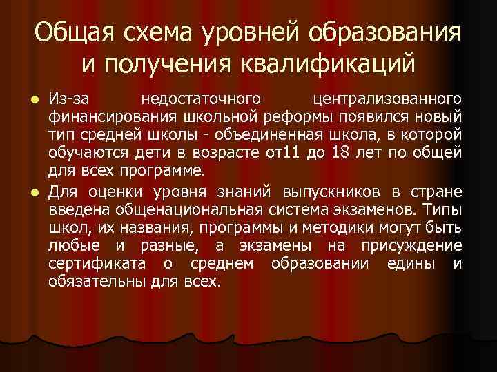 Общая схема уровней образования и получения квалификаций Из-за недостаточного централизованного финансирования школьной реформы появился