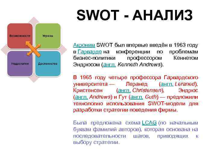 SWOT - АНАЛИЗ Акроним SWOT был впервые введён в 1963 году в Гарварде на