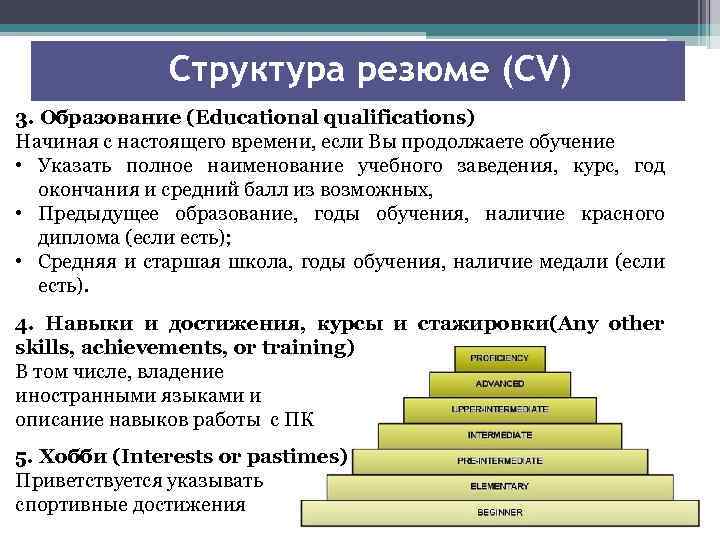 Структура резюме (CV) 3. Образование (Educational qualifications) Начиная с настоящего времени, если Вы продолжаете