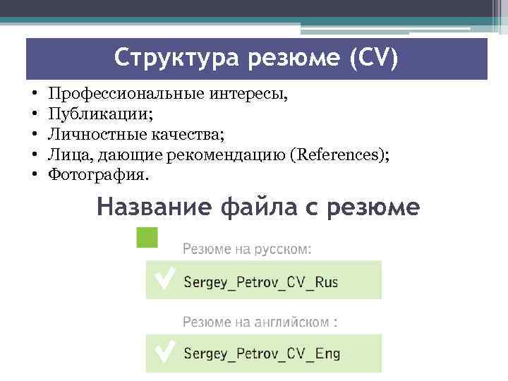 Структура резюме (CV) • • • Профессиональные интересы, Публикации; Личностные качества; Лица, дающие рекомендацию