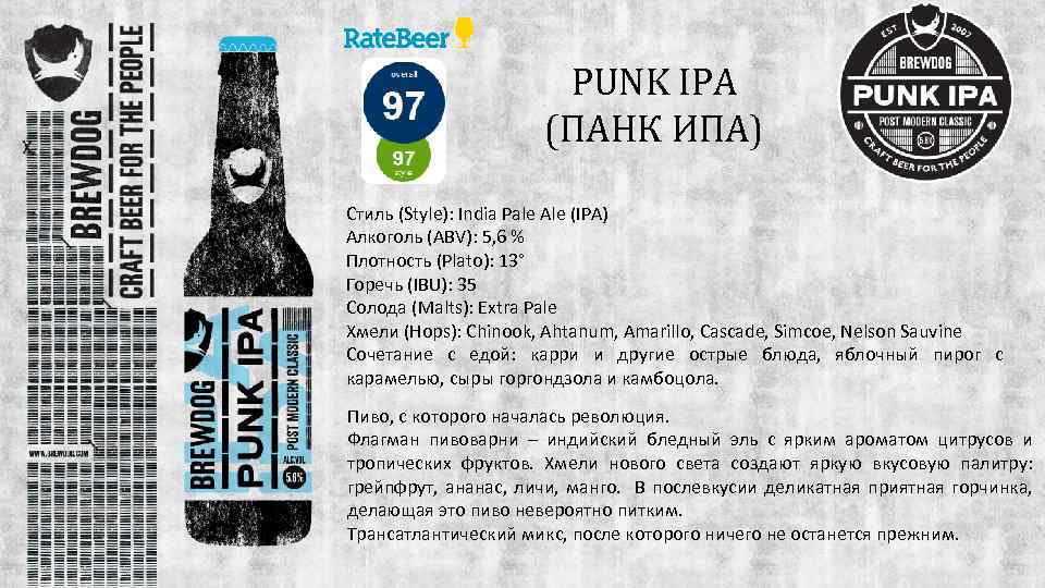 PUNK IPA (ПАНК ИПА) Стиль (Style): India Pale Ale (IPA) Алкоголь (ABV): 5, 6