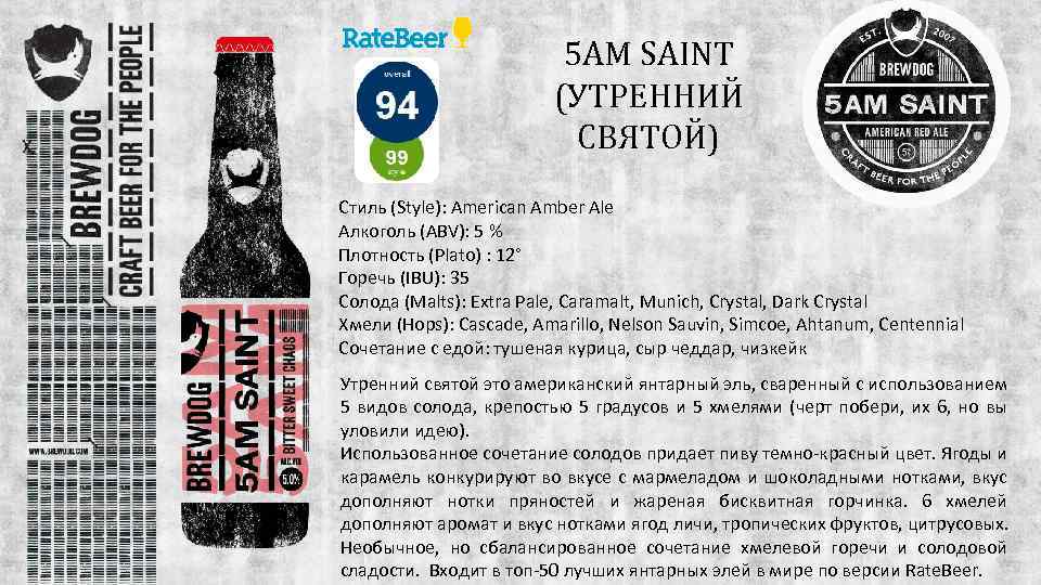 5 AM SAINT (УТРЕННИЙ СВЯТОЙ) Стиль (Style): American Amber Ale Алкоголь (ABV): 5 %
