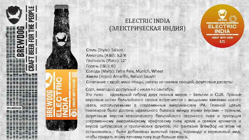 ELECTRIC INDIA (ЭЛЕКТРИЧЕСКАЯ ИНДИЯ) Стиль (Style): Saison Алкоголь (ABV): 5, 2 % Плотность (Plato):