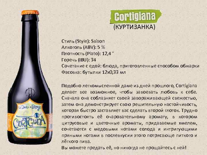 (КУРТИЗАНКА) Стиль (Style): Saison Алкоголь (ABV): 5 % Плотность (Plato): 12, 4 ° Горечь