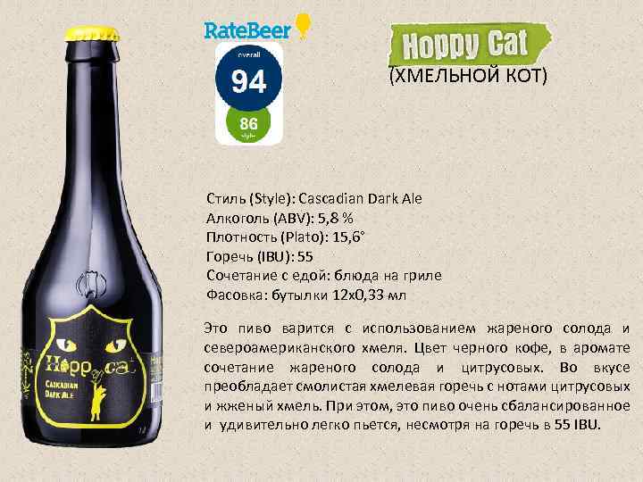 (ХМЕЛЬНОЙ КОТ) Стиль (Style): Cascadian Dark Ale Алкоголь (ABV): 5, 8 % Плотность (Plato):