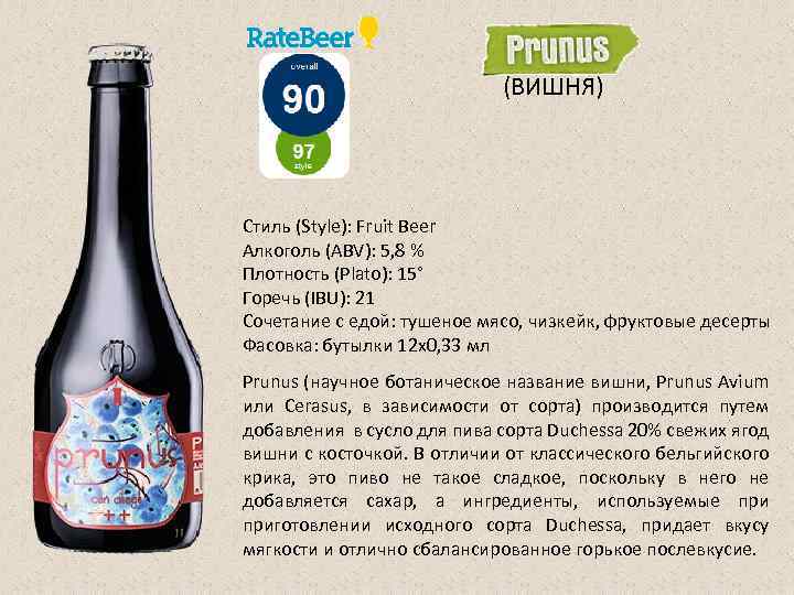 (ВИШНЯ) Стиль (Style): Fruit Beer Алкоголь (ABV): 5, 8 % Плотность (Plato): 15° Горечь