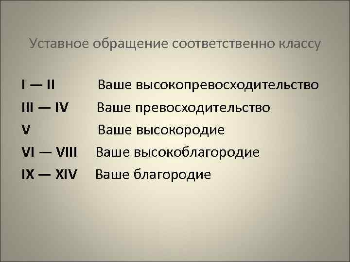 Уставное обращение соответственно классу I — II III — IV V VI — VIII