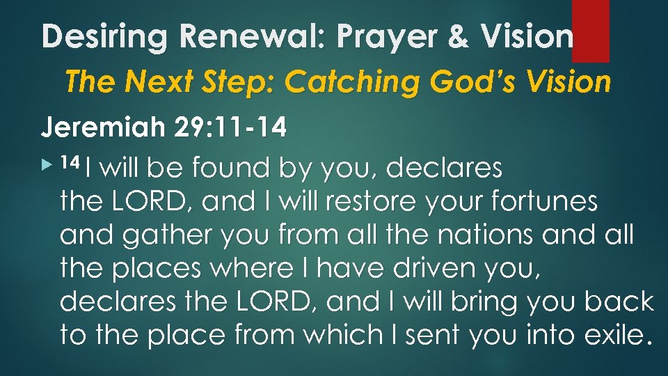 Desiring Renewal: Prayer & Vision The Next Step: Catching God’s Vision Jeremiah 29: 11