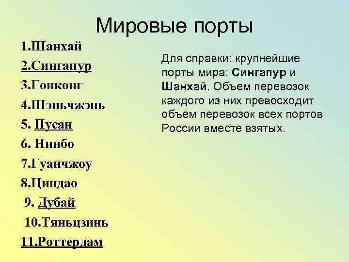 Мировые порты 1. Шанхай 2. Сингапур 3. Гонконг 4. Шэньчжэнь 5. Пусан 6. Нинбо