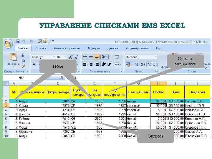 УПРАВЛЕНИЕ СПИСКАМИ ВMS EXCEL Строка заголовка Заголовок Поле диаграммы Запись 