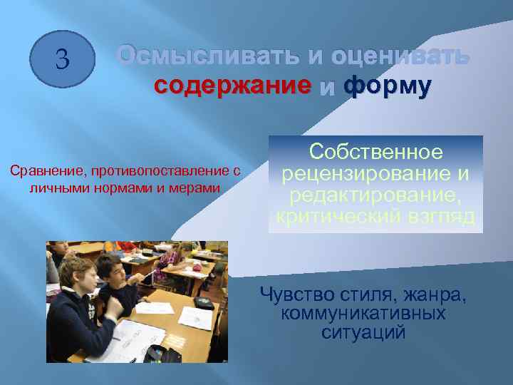 3 Осмысливать и оценивать содержание и форму Сравнение, противопоставление с личными нормами и мерами