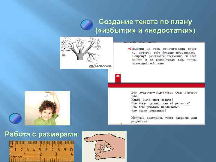 Создание текста по плану ( «избытки» и «недостатки» ) Работа с размерами 
