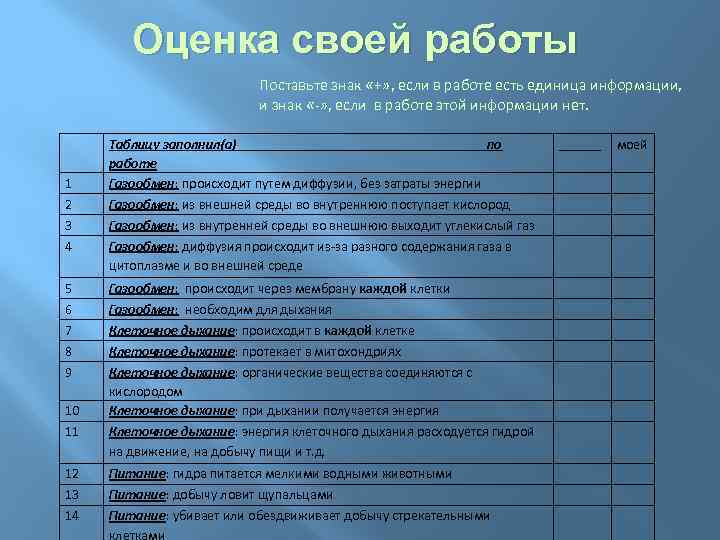 Оценка своей работы Поставьте знак «+» , если в работе есть единица информации, и