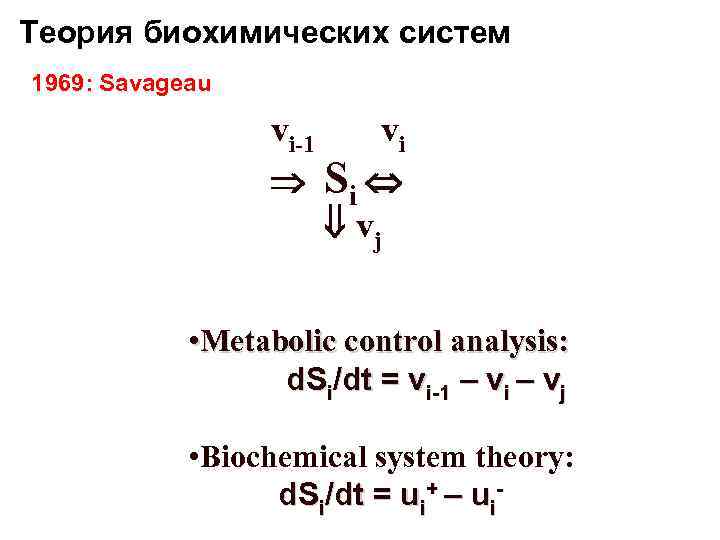 Теория биохимических систем 1969: Savageau vi-1 vi Si vj • Metabolic control analysis: d.