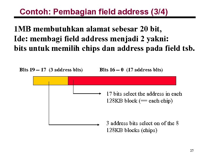 Contoh: Pembagian field address (3/4) 1 MB membutuhkan alamat sebesar 20 bit, Ide: membagi