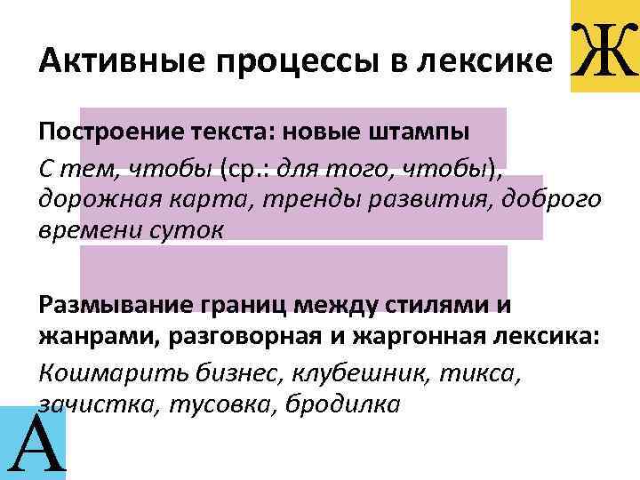 Активные процессы в лексике Ж Построение текста: новые штампы С тем, чтобы (ср. :