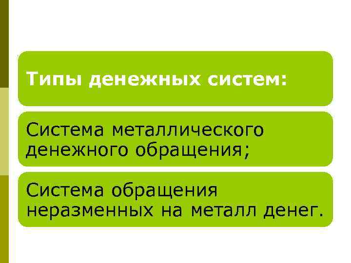 Типы денежных систем: Система металлического денежного обращения; Система обращения неразменных на металл денег. 