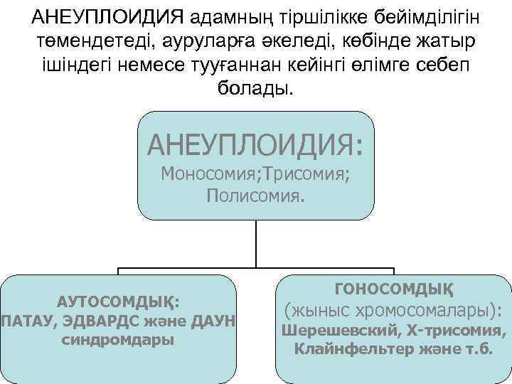 АНЕУПЛОИДИЯ адамның тіршілікке бейімділігін төмендетеді, ауруларға әкеледі, көбінде жатыр ішіндегі немесе тууғаннан кейінгі өлімге