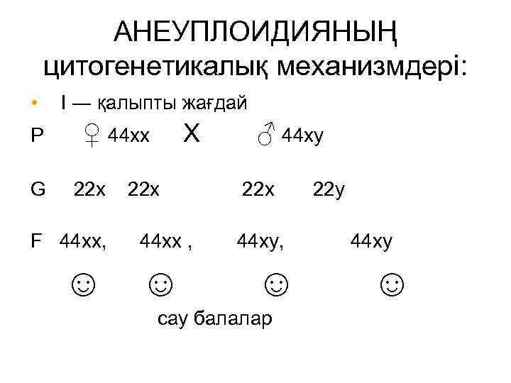 АНЕУПЛОИДИЯНЫҢ цитогенетикалық механизмдері: • Р G I ― қалыпты жағдай X ♀ 44 хх