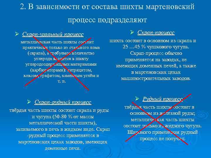 2. В зависимости от состава шихты мартеновский процесс подразделяют Скрап-угольный процесс металлическая часть шихты