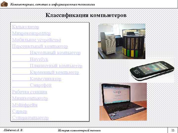 Компьютерные, сетевые и информационные технологии Классификация компьютеров Калькулятор Микроконтроллер Мобильное устройство Персональный компьютер Настольный