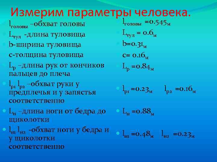 Измерим параметры человека. lголовы –обхват головы Lтул -длина туловища b-ширина туловища с-толщина туловища Lp