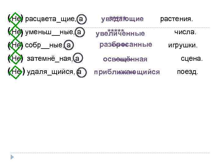 ( Не) расцвета_щие, а ( Не) уменьш__ные, а ( Не) собр__ные, а ( Не)
