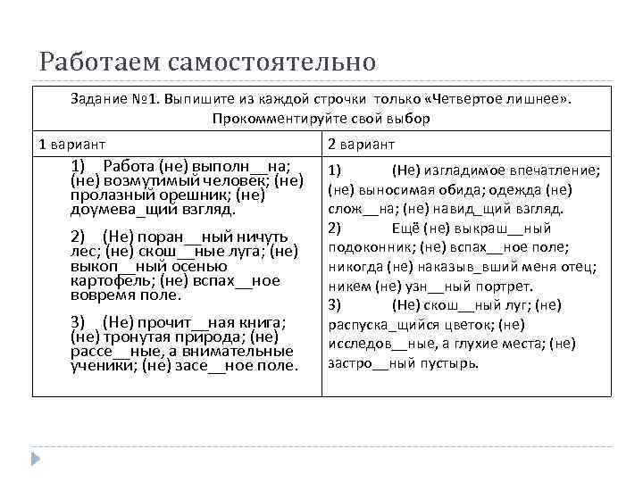 Работаем самостоятельно Задание № 1. Выпишите из каждой строчки только «Четвертое лишнее» . Прокомментируйте