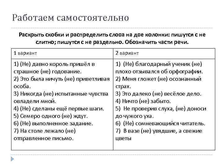 Работаем самостоятельно Раскрыть скобки и распределить слова на две колонки: пишутся с не слитно;