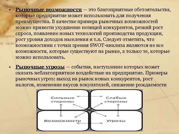  • Рыночные возможности — это благоприятные обстоятельства, которые предприятие может использовать для получения