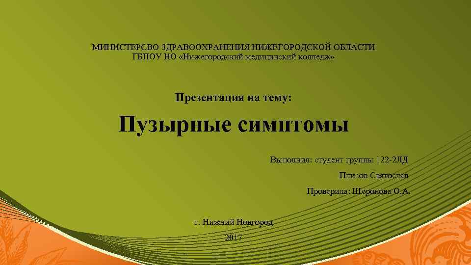 МИНИСТЕРСВО ЗДРАВООХРАНЕНИЯ НИЖЕГОРОДСКОЙ ОБЛАСТИ ГБПОУ НО «Нижегородский медицинский колледж» Презентация на тему: Пузырные симптомы