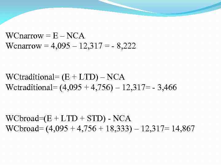 WCnarrow = E – NCA Wcnarrow = 4, 095 – 12, 317 = -