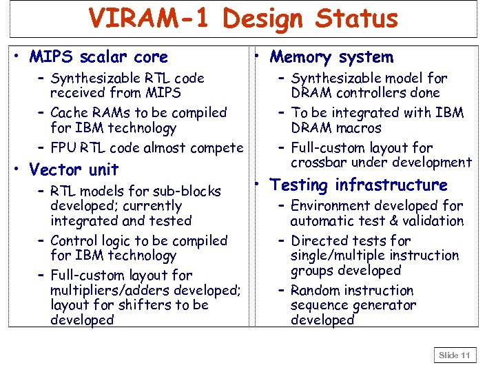 VIRAM-1 Design Status • MIPS scalar core – Synthesizable RTL code received from MIPS