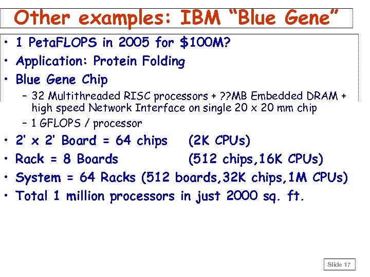Other examples: IBM “Blue Gene” • 1 Peta. FLOPS in 2005 for $100 M?