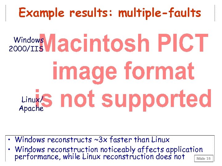 Example results: multiple-faults Windows 2000/IIS Linux/ Apache • Windows reconstructs ~3 x faster than