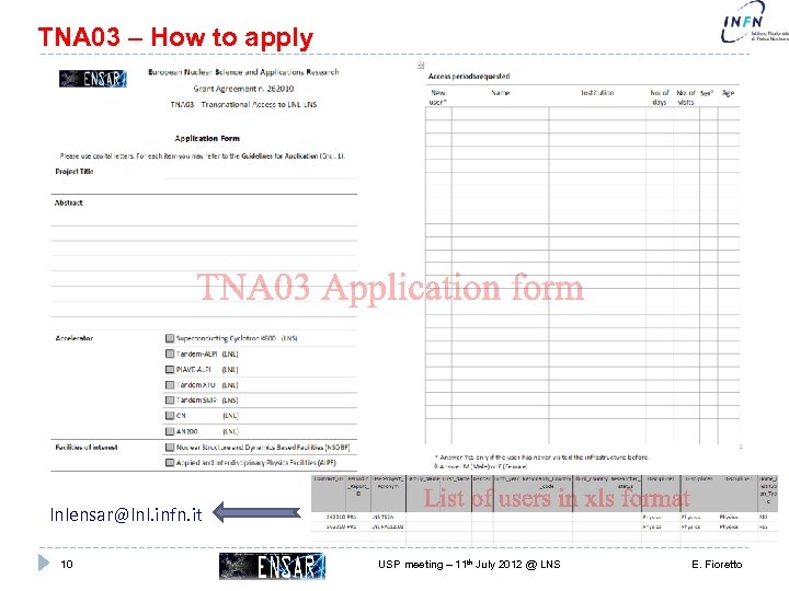 TNA 03 – How to apply lnlensar@lnl. infn. it 10 USP meeting – 11