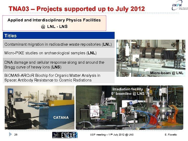 TNA 03 – Projects supported up to July 2012 Applied and Interdisciplinary Physics Facilities