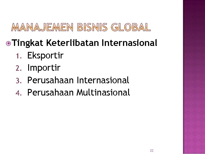  Tingkat 1. 2. 3. 4. Keterlibatan Internasional Eksportir Importir Perusahaan Internasional Perusahaan Multinasional