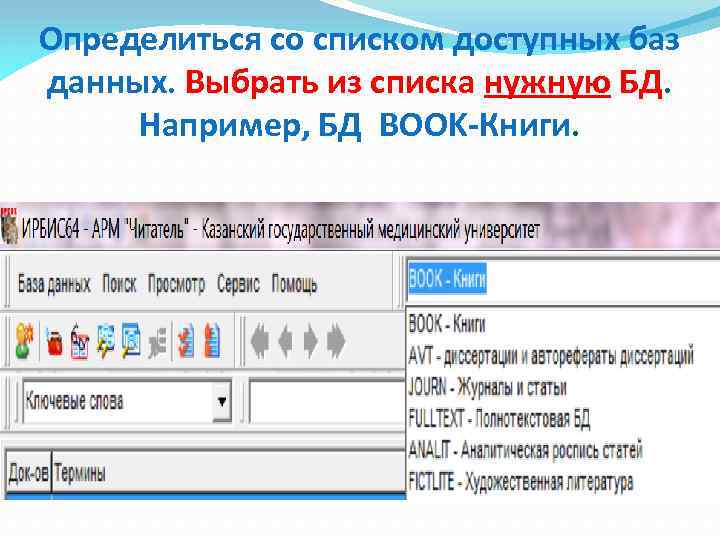 Определиться со списком доступных баз данных. Выбрать из списка нужную БД. Например, БД BOOK-Книги.