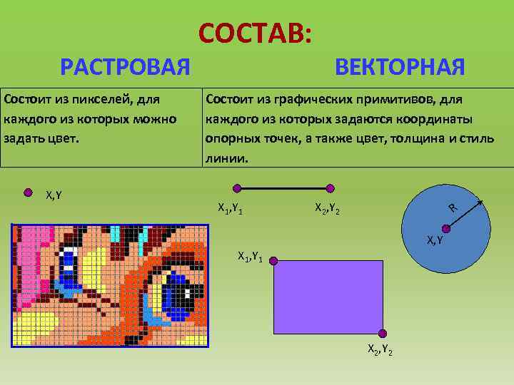 РАСТРОВАЯ Состоит из пикселей, для каждого из которых можно задать цвет. X, Y СОСТАВ: