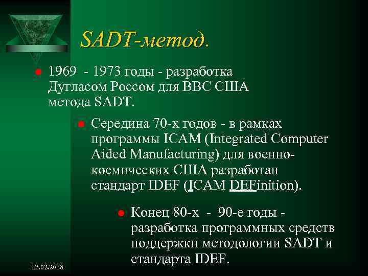 SADT-метод. l 1969 - 1973 годы - разработка Дугласом Россом для ВВС США метода