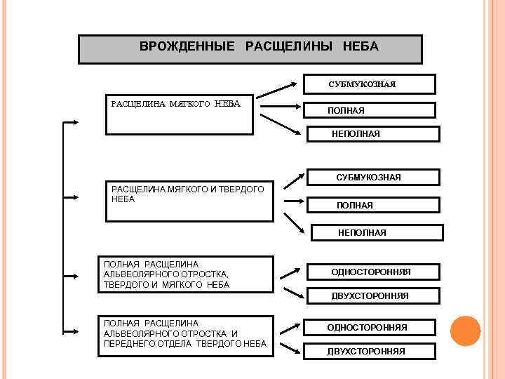 ВРОЖДЕННЫЕ РАСЩЕЛИНЫ НЕБА СУБМУКОЗНАЯ РАСЩЕЛИНА МЯГКОГО НЕБА ПОЛНАЯ НЕПОЛНАЯ СУБМУКОЗНАЯ РАСЩЕЛИНА МЯГКОГО И ТВЕРДОГО