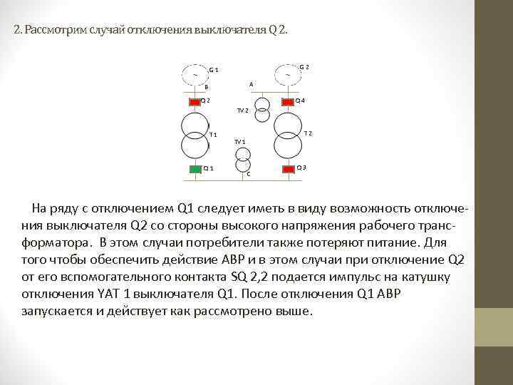 2. Рассмотрим случай отключения выключателя Q 2. G 2 G 1 A B Q