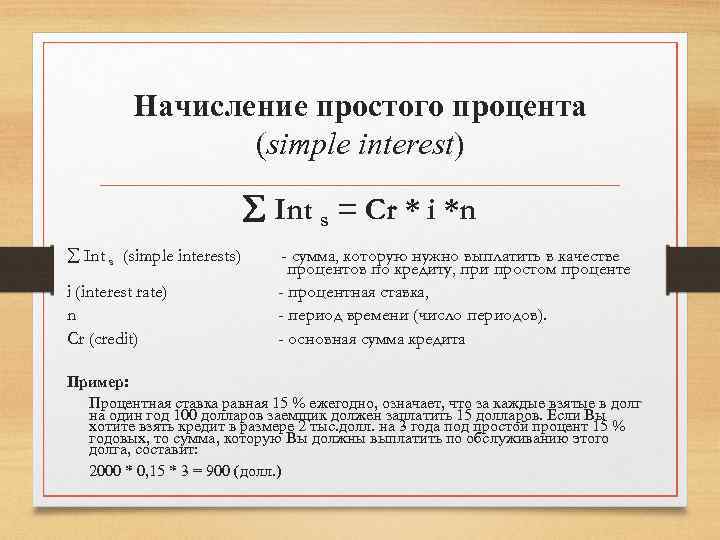 Начисление простого процента (simple interest) å Int s = Cr * i *n å