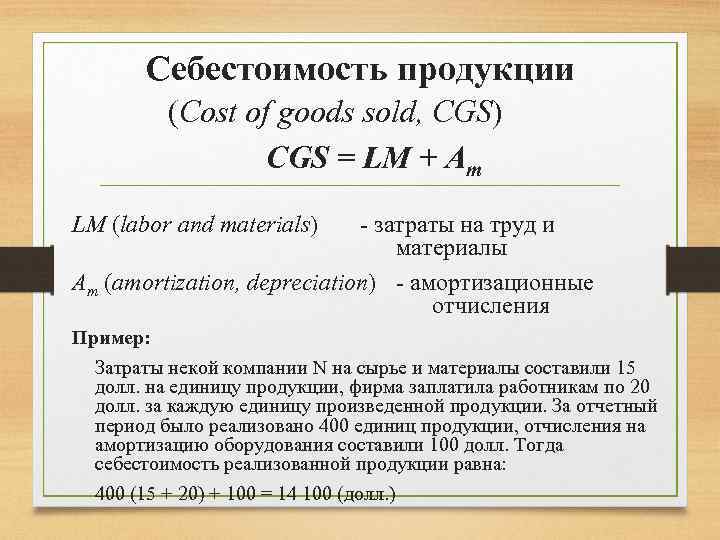 Себестоимость продукции (Cost of goods sold, CGS) CGS = LM + Am LM (labor