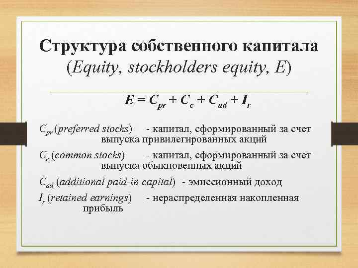 Структура собственного капитала (Equity, stockholders equity, E) E = Cpr + Cc + Cad