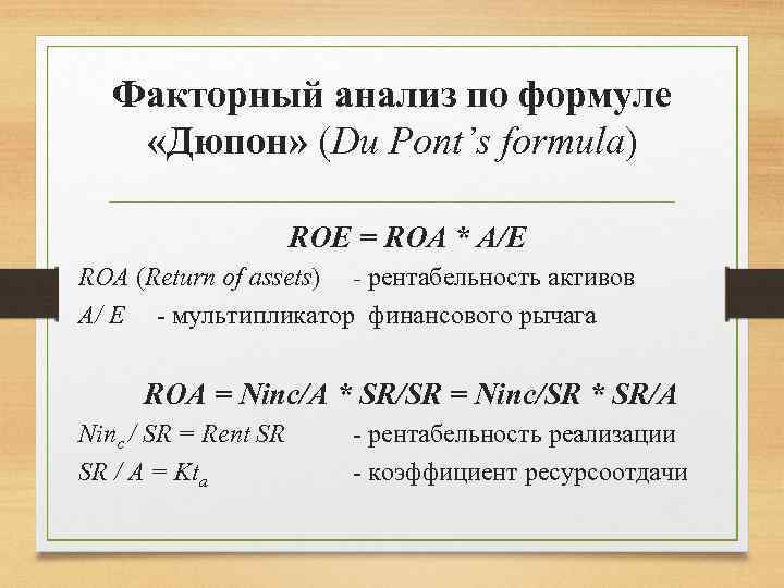 Схема факторного анализа по модели дюпона