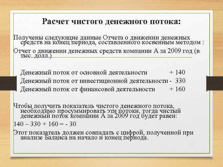 Расчет чистого денежного потока: Получены следующие данные Отчета о движении денежных средств на конец